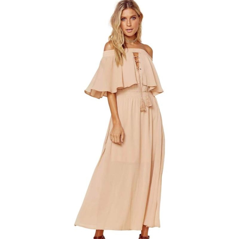 Chloe Inspired Boho Nude Off-the-Shoulder Midi Dress - Spring/Summer